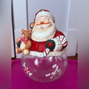 Santa Claus Cookies/Candy Jar with Teddy Bear and glass bowl body